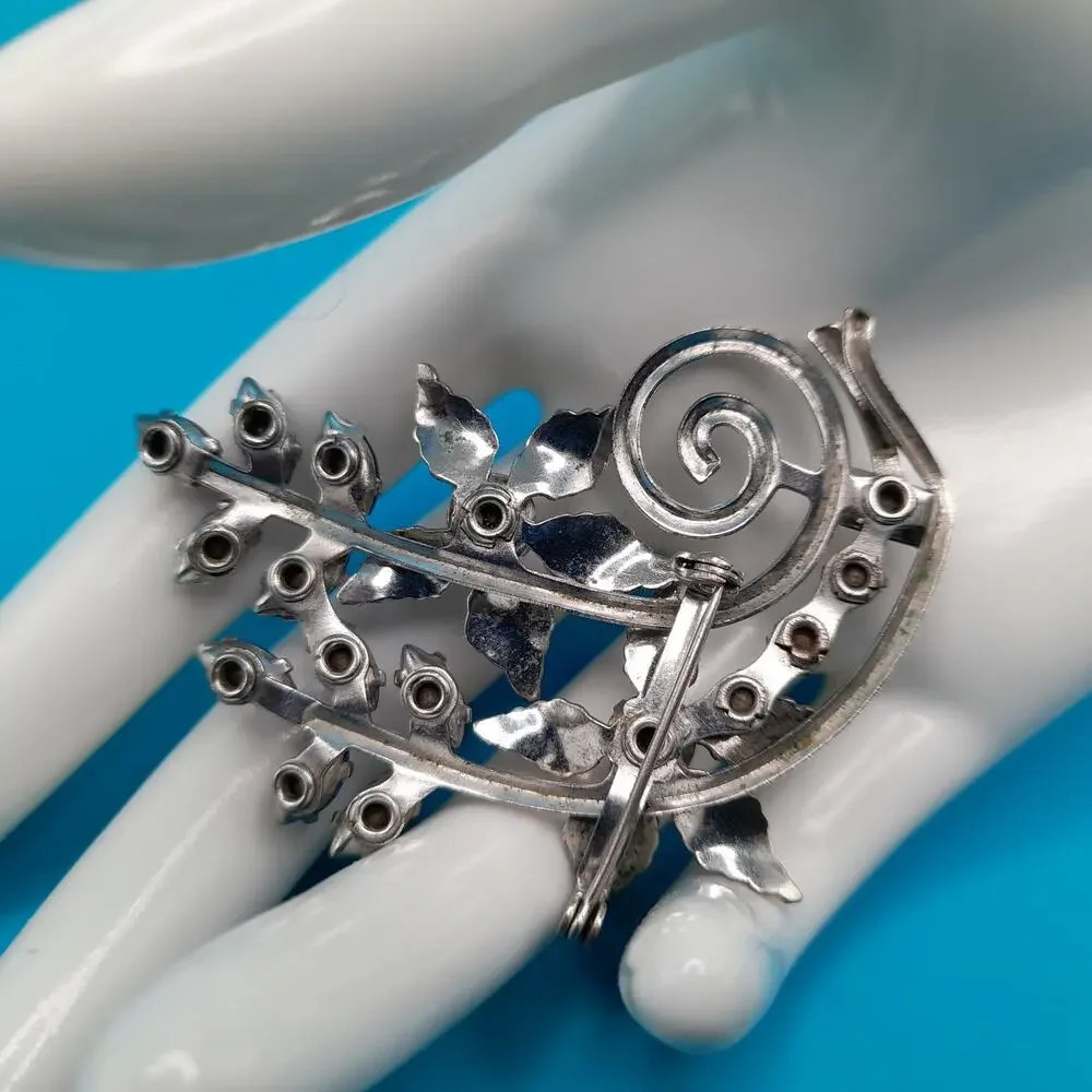 Vintage Floral Rhinestone Brooch, Mid-century, Blue Clear Silver, 1950s